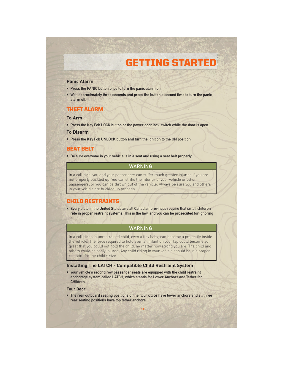 Panic alarm, Theft alarm, To arm | To disarm, Seat belt, Child restraints, Getting started | Jeep 2010 Wrangler Unlimited - User Guide User Manual | Page 11 / 72