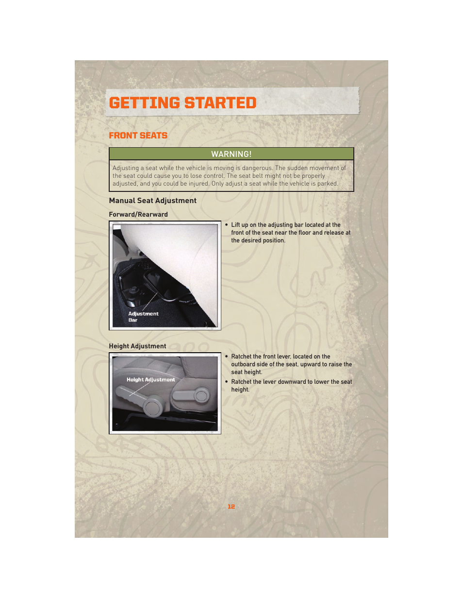 Front seats, Manual seat adjustment, Getting started | Jeep 2010 Wrangler Unlimited - User Guide User Manual | Page 14 / 72