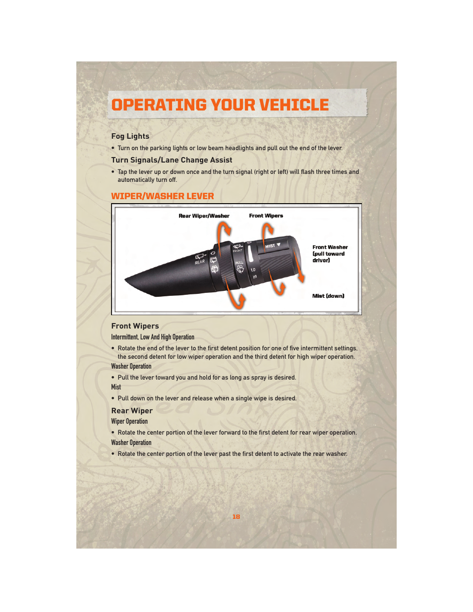 Fog lights, Turn signals/lane change assist, Wiper/washer lever | Front wipers, Rear wiper, Operating your vehicle | Jeep 2010 Wrangler Unlimited - User Guide User Manual | Page 20 / 72