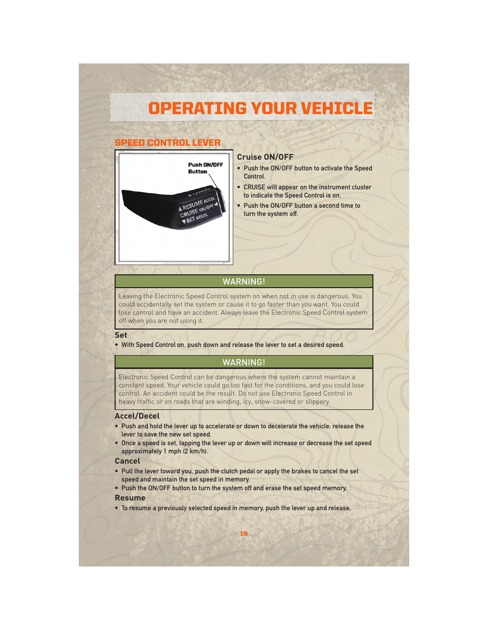 Speed control lever, Cruise on/off, Accel/decel | Cancel, Resume, Operating your vehicle | Jeep 2010 Wrangler Unlimited - User Guide User Manual | Page 21 / 72