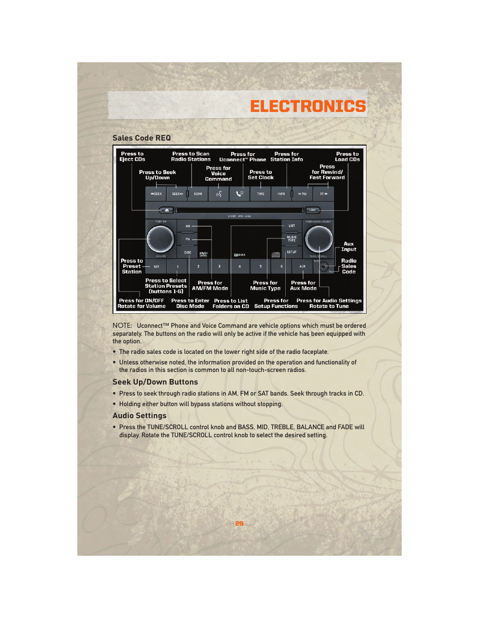 Sales code req, Seek up/down buttons, Audio settings | Electronics | Jeep 2010 Wrangler Unlimited - User Guide User Manual | Page 31 / 72