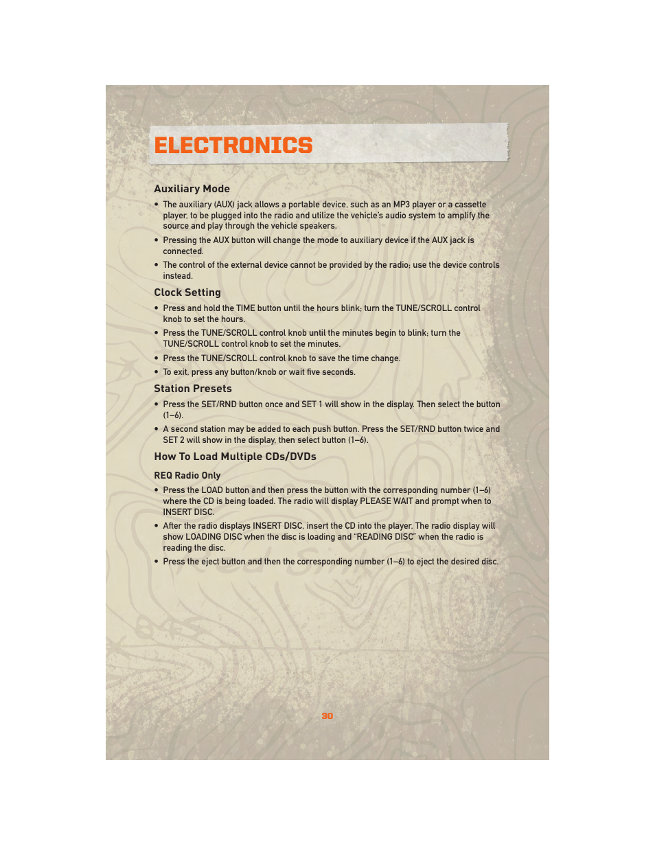 Auxiliary mode, Clock setting, Station presets | How to load multiple cds/dvds, Electronics | Jeep 2010 Wrangler Unlimited - User Guide User Manual | Page 32 / 72