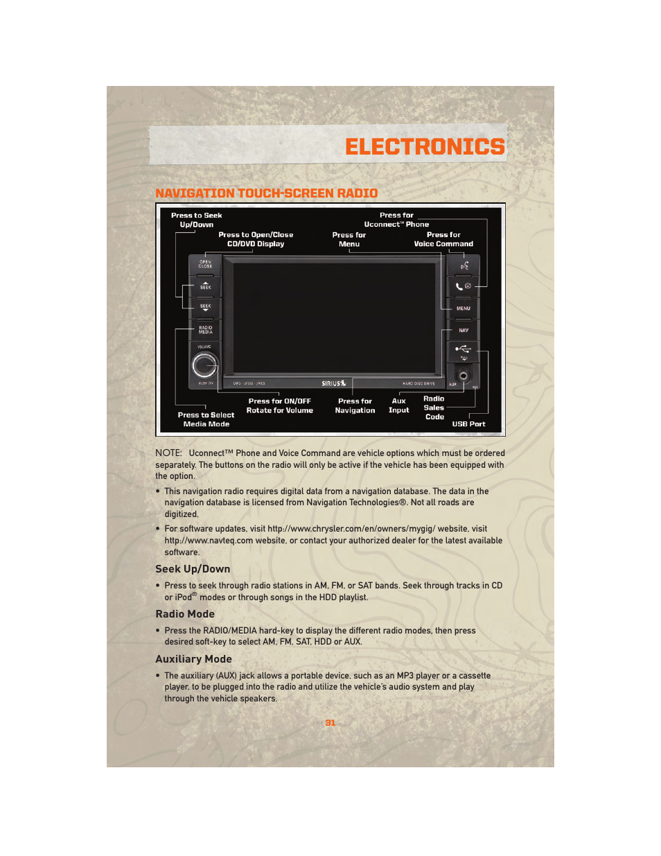 Navigation touch-screen radio, Seek up/down, Radio mode | Auxiliary mode, Electronics | Jeep 2010 Wrangler Unlimited - User Guide User Manual | Page 33 / 72