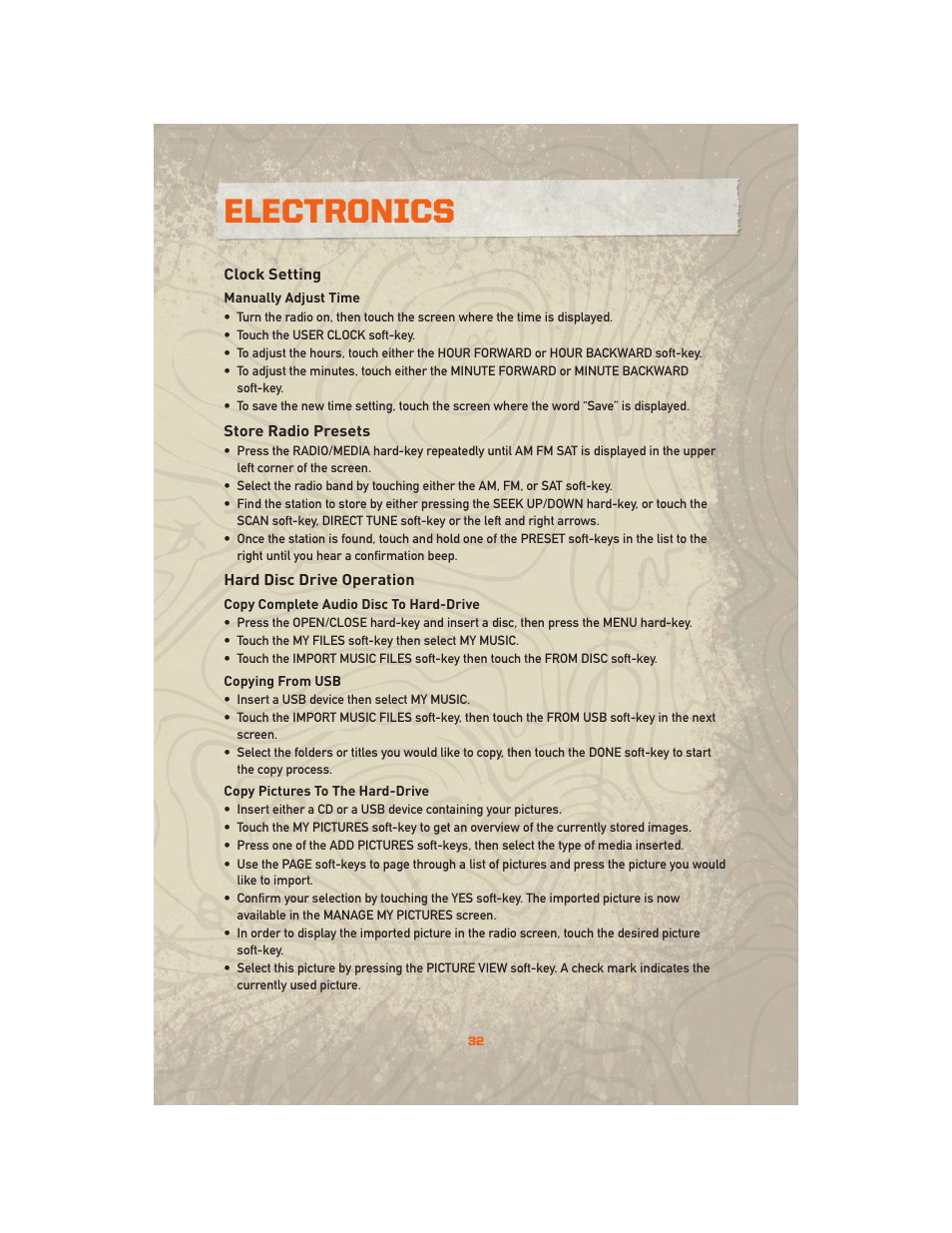 Clock setting, Store radio presets, Hard disc drive operation | Electronics | Jeep 2010 Wrangler Unlimited - User Guide User Manual | Page 34 / 72