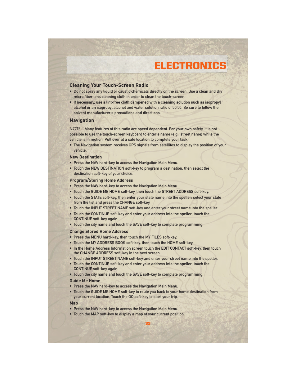 Cleaning your touch-screen radio, Navigation, Electronics | Jeep 2010 Wrangler Unlimited - User Guide User Manual | Page 35 / 72
