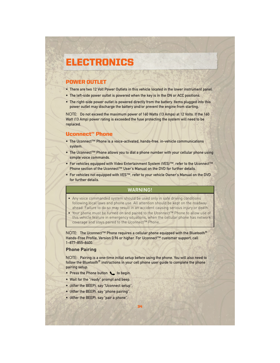 Power outlet, Uconnect™ phone, Phone pairing | Electronics | Jeep 2010 Wrangler Unlimited - User Guide User Manual | Page 36 / 72