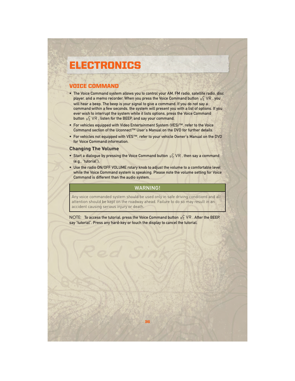 Voice command, Changing the volume, Electronics | Jeep 2010 Wrangler Unlimited - User Guide User Manual | Page 38 / 72