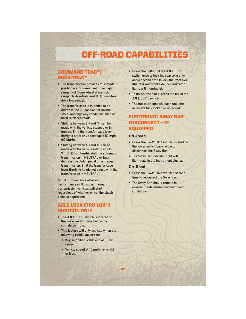 Off-road capabilities, Command-trac™/rock-trac, Axle lock (tru-lok™) rubicon only | Electronic sway bar disconnect – if equipped, Off-road, On-road, Command-trac™/ rock-trac | Jeep 2010 Wrangler Unlimited - User Guide User Manual | Page 39 / 72