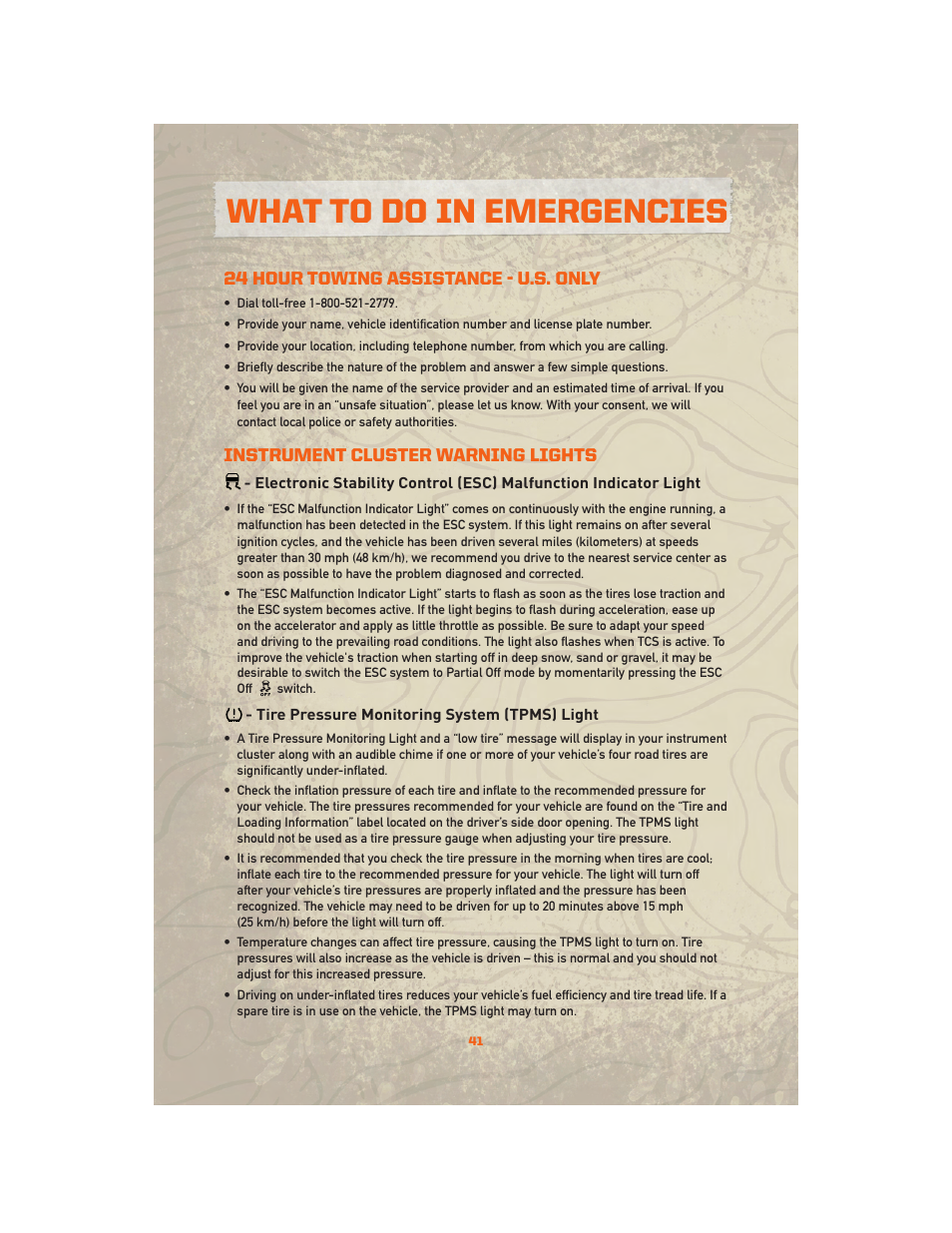 What to do in emergencies, 24 hour towing assistance - u.s. only, Instrument cluster warning lights | Tire pressure monitoring system (tpms) light | Jeep 2010 Wrangler Unlimited - User Guide User Manual | Page 43 / 72