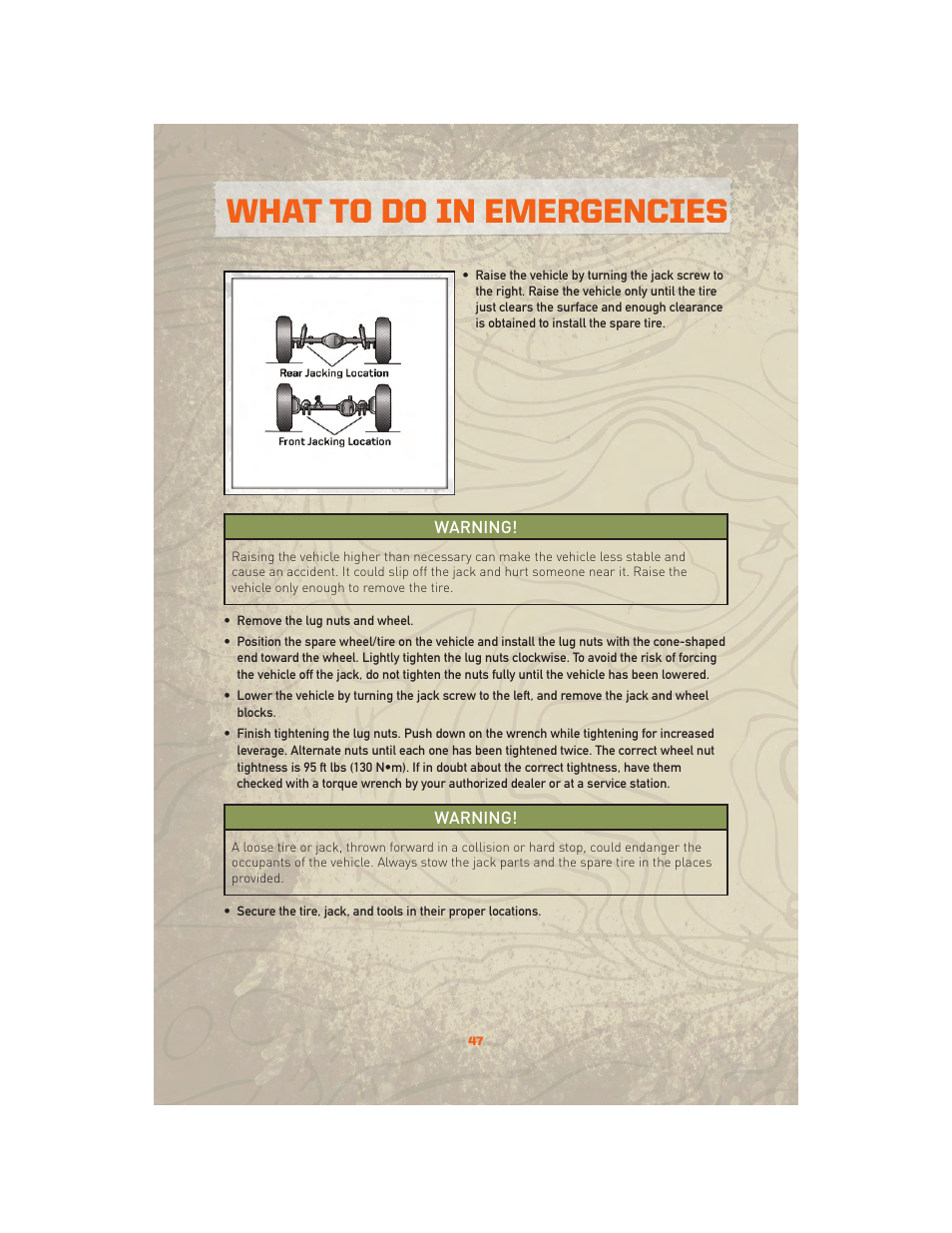 What to do in emergencies | Jeep 2010 Wrangler Unlimited - User Guide User Manual | Page 49 / 72