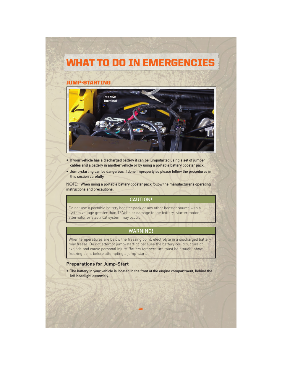 Jump-starting, Preparations for jump-start, What to do in emergencies | Jeep 2010 Wrangler Unlimited - User Guide User Manual | Page 50 / 72