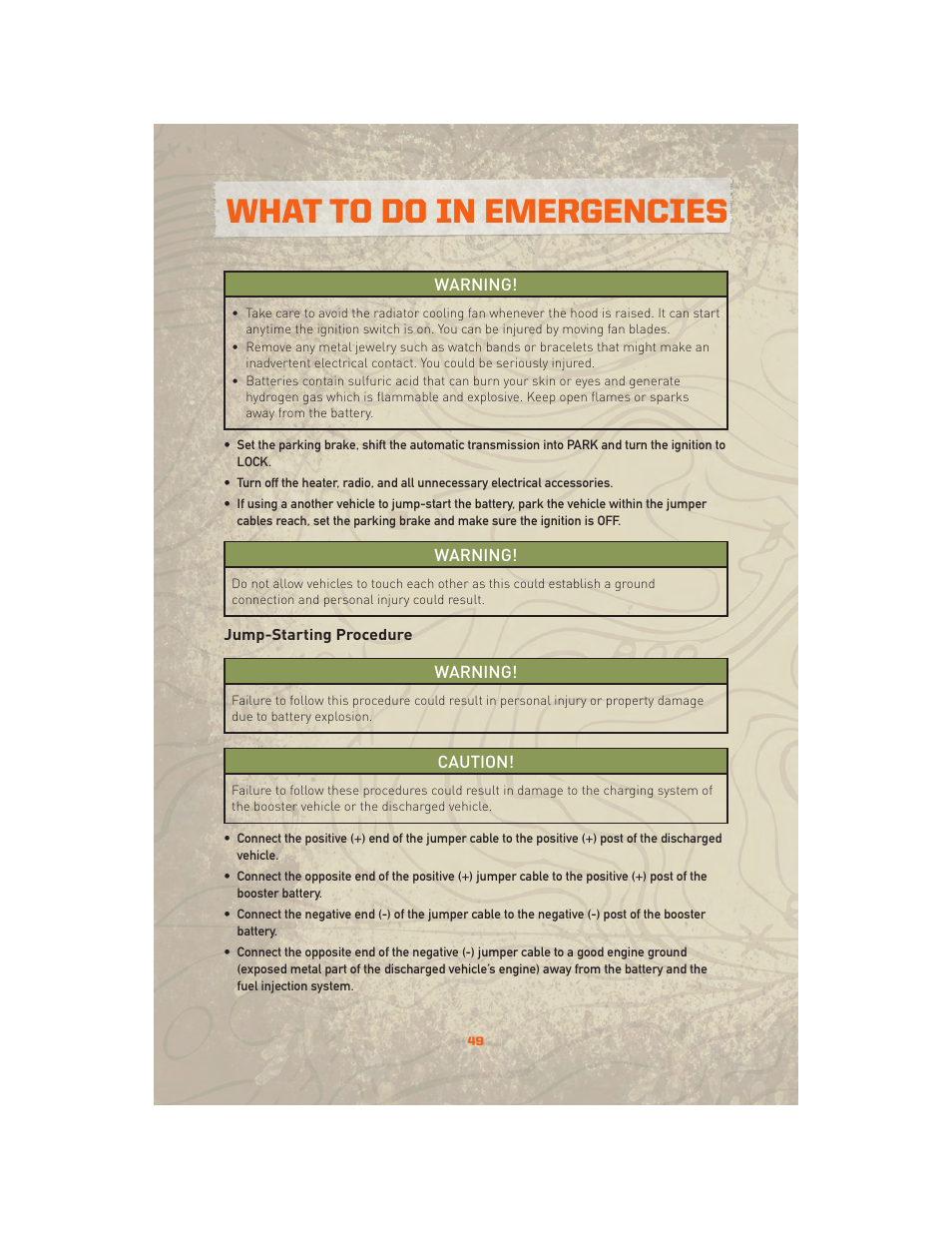 Jump-starting procedure, What to do in emergencies | Jeep 2010 Wrangler Unlimited - User Guide User Manual | Page 51 / 72