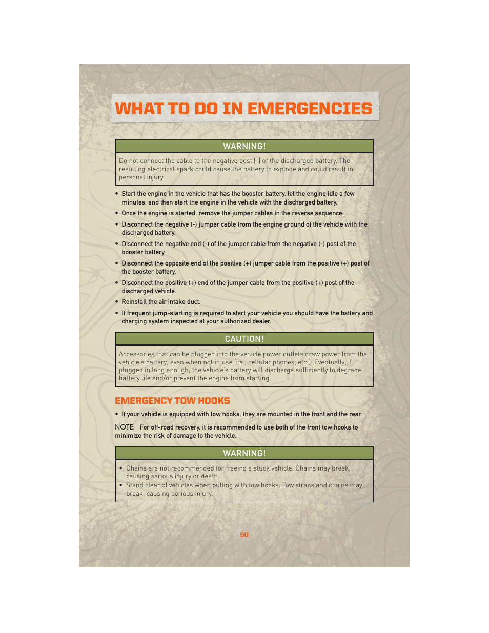 Emergency tow hooks, What to do in emergencies | Jeep 2010 Wrangler Unlimited - User Guide User Manual | Page 52 / 72