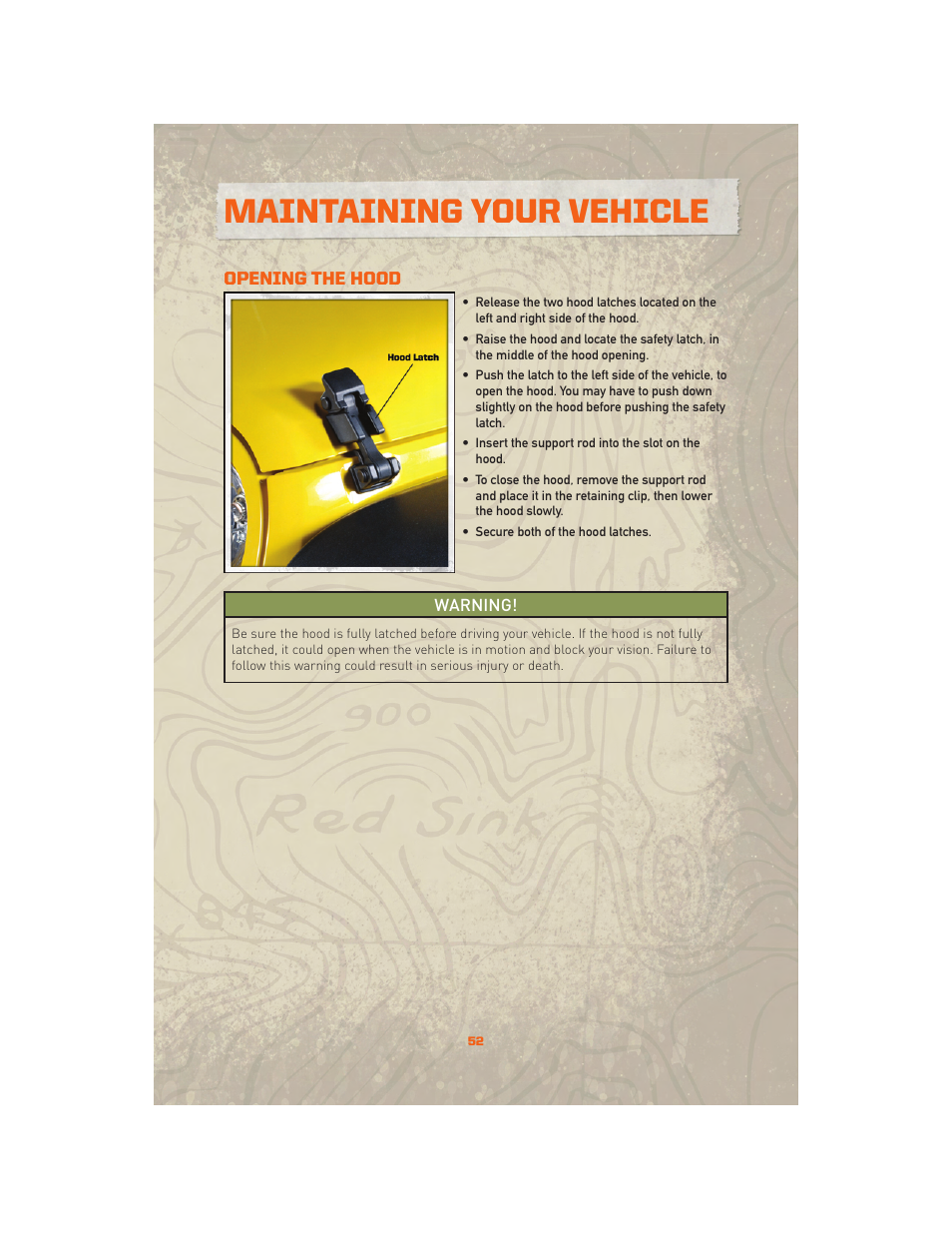Maintaining your vehicle, Opening the hood | Jeep 2010 Wrangler Unlimited - User Guide User Manual | Page 54 / 72