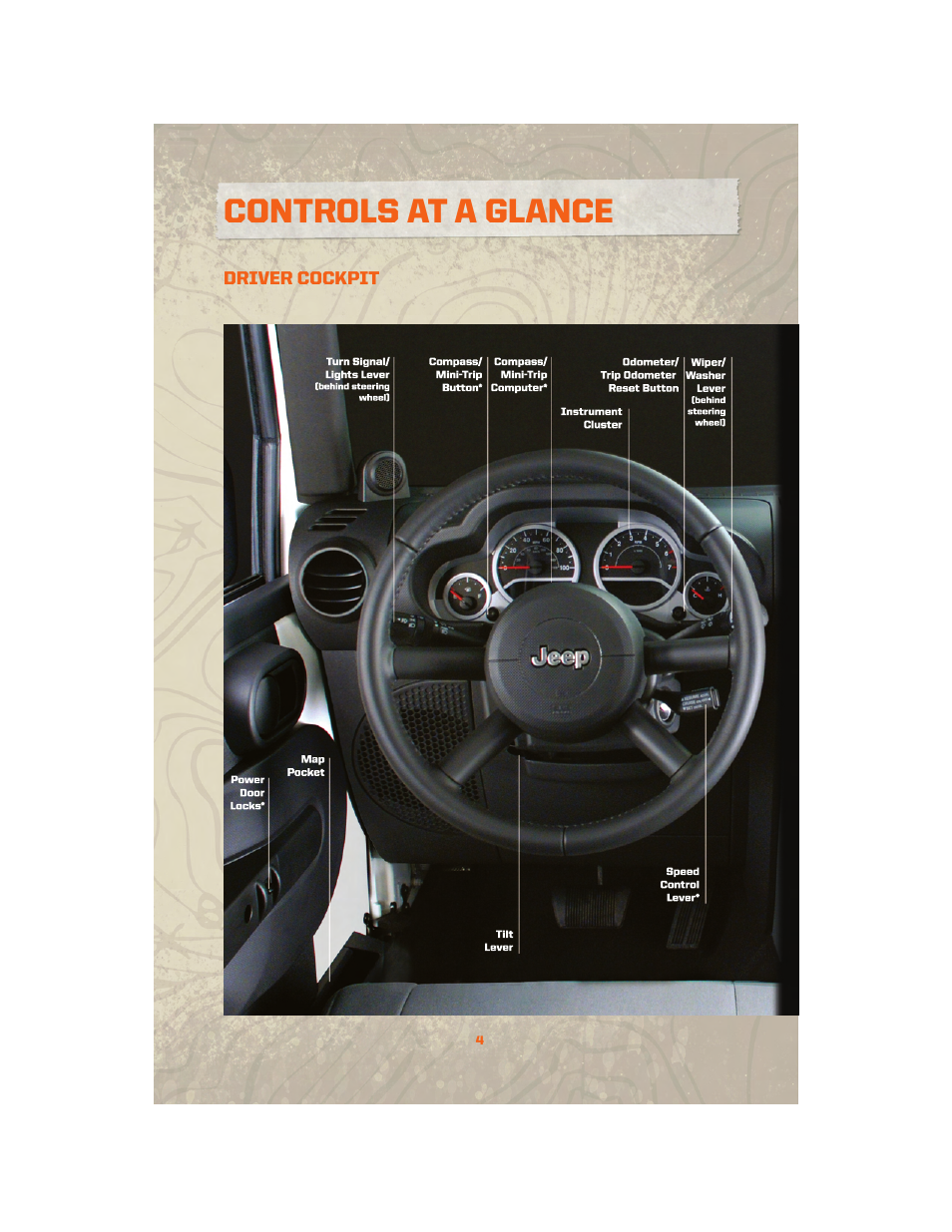 Controls at a glance, Driver cockpit | Jeep 2010 Wrangler Unlimited - User Guide User Manual | Page 6 / 72