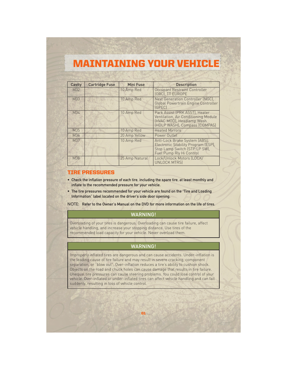 Tire pressures, Maintaining your vehicle | Jeep 2010 Wrangler Unlimited - User Guide User Manual | Page 63 / 72