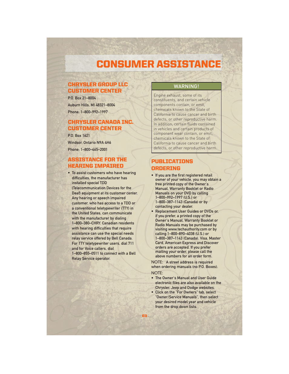 Consumer assistance, Chrysler group llc customer center, Chrysler canada inc. customer center | Assistance for the hearing impaired, Publications ordering | Jeep 2010 Wrangler Unlimited - User Guide User Manual | Page 65 / 72