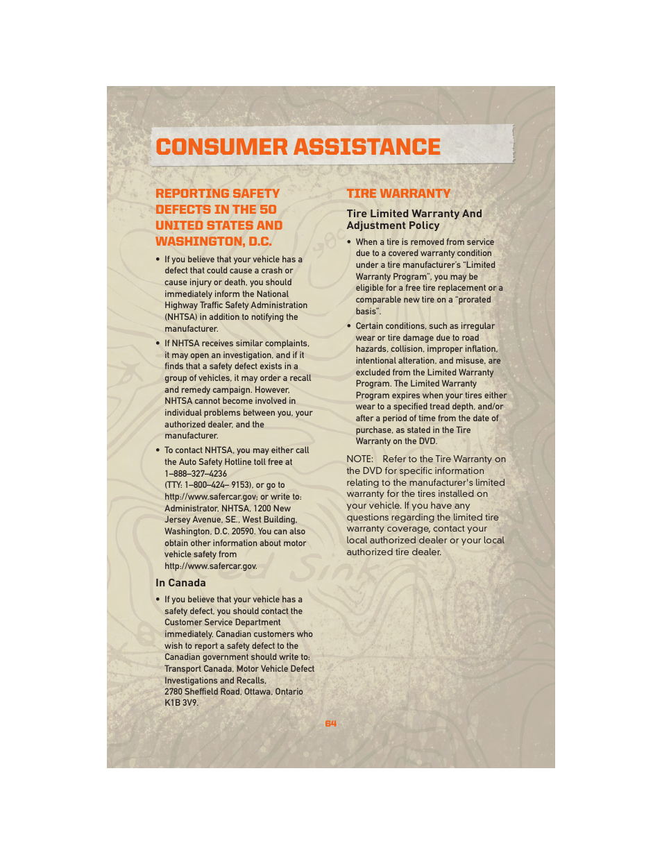 In canada, Tire warranty, Tire limited warranty and adjustment policy | Consumer assistance | Jeep 2010 Wrangler Unlimited - User Guide User Manual | Page 66 / 72