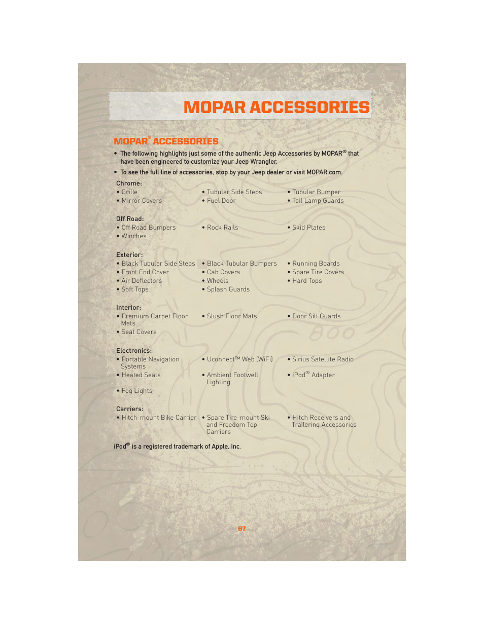 Mopar accessories, Mopar® accessories, Mopar | Accessories | Jeep 2010 Wrangler Unlimited - User Guide User Manual | Page 69 / 72