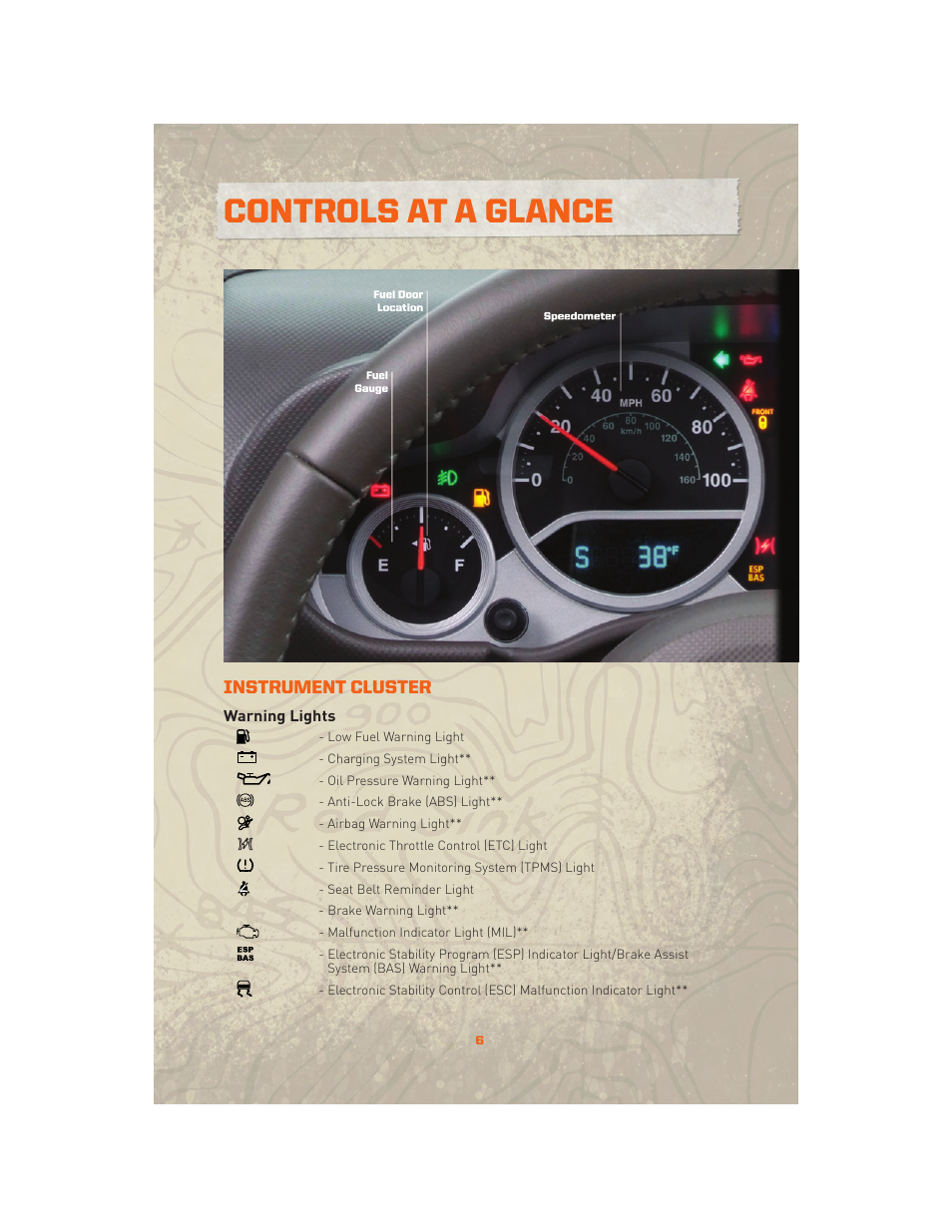 Instrument cluster, Warning lights, Controls at a glance | Jeep 2010 Wrangler Unlimited - User Guide User Manual | Page 8 / 72