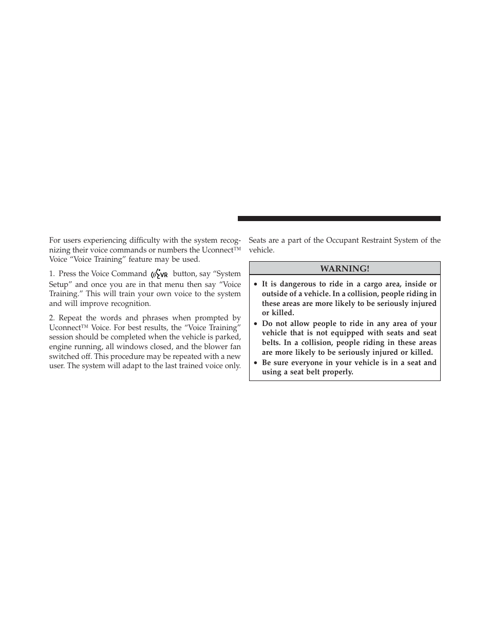 Voice training, Seats | Jeep 2011 Compass - Owner Manual User Manual | Page 134 / 490