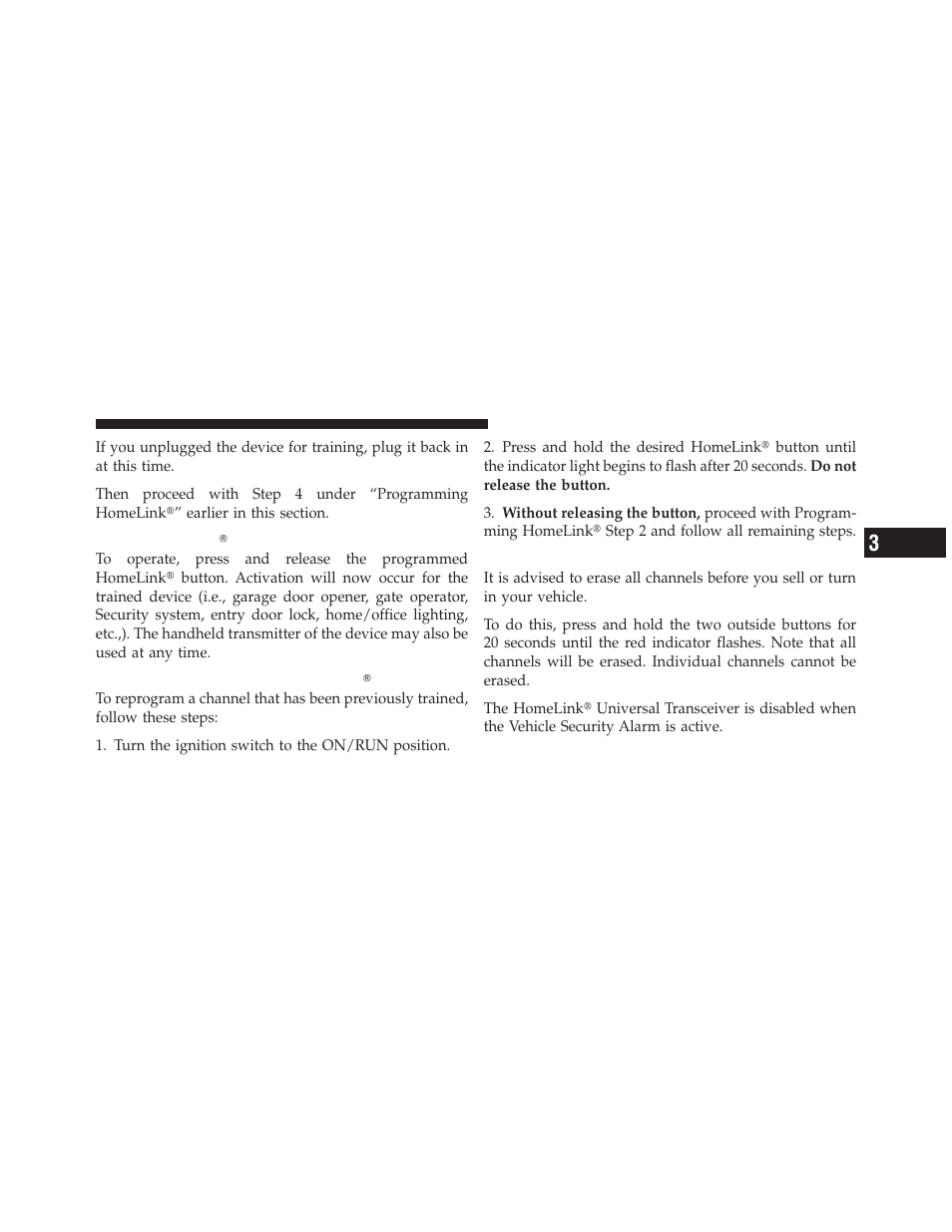 Using homelinkĥ, Reprogramming a single homelinkĥ button, Security | Using homelink, Reprogramming a, Single homelink, Button | Jeep 2011 Compass - Owner Manual User Manual | Page 165 / 490