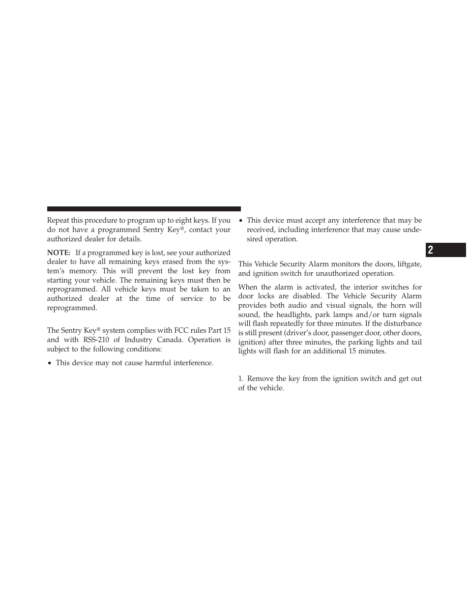 General information, Vehicle security alarm — if equipped, To arm the system | Jeep 2011 Compass - Owner Manual User Manual | Page 19 / 490