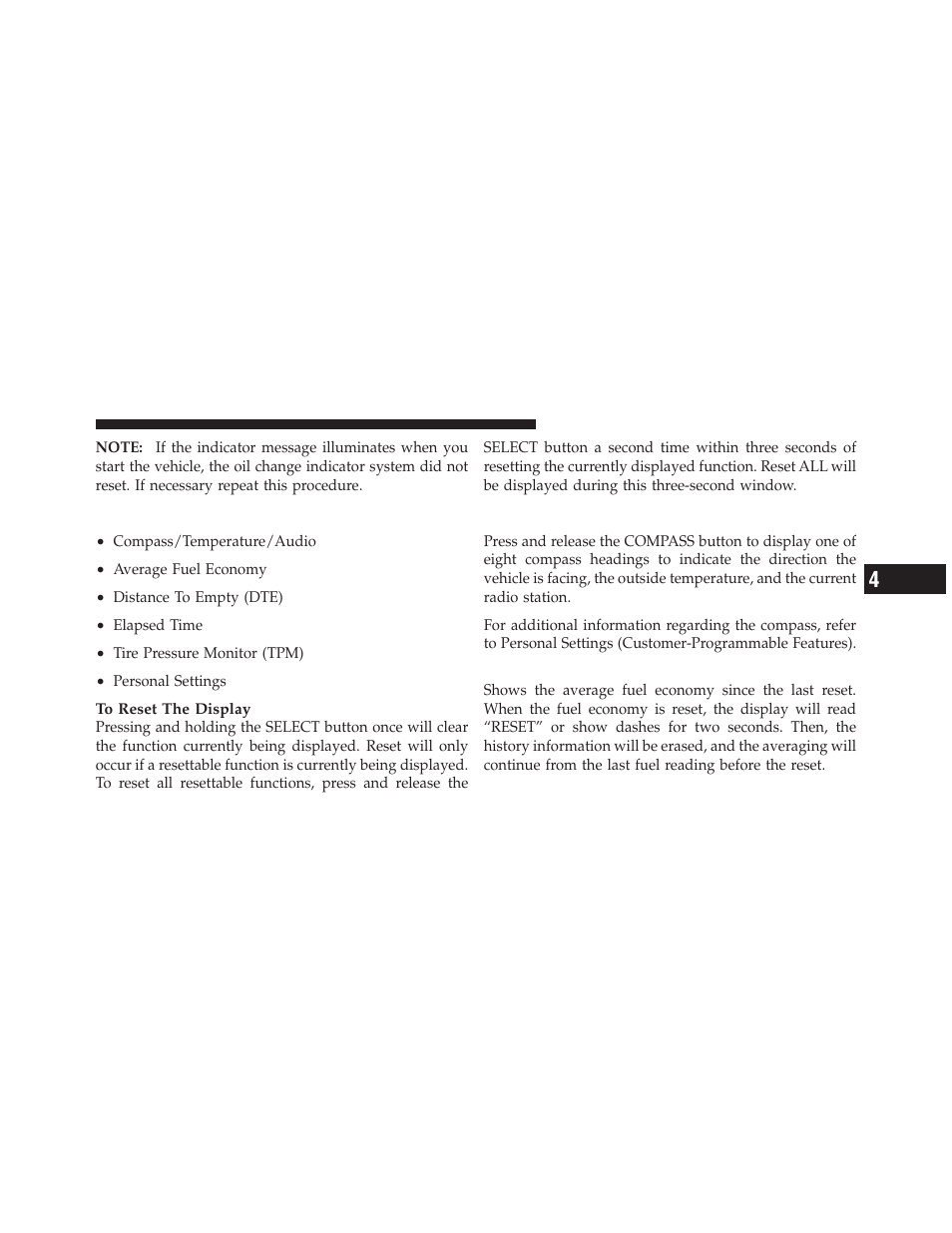 Evic functions, Compass/temperature/audio, Average fuel economy | Jeep 2011 Compass - Owner Manual User Manual | Page 213 / 490