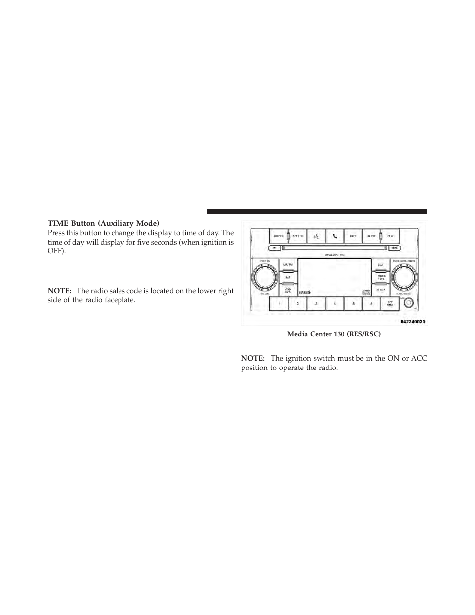 Operating instructions — radio mode, Media center 130 with satellite radio, Sales code res+rsc) | Jeep 2011 Compass - Owner Manual User Manual | Page 248 / 490