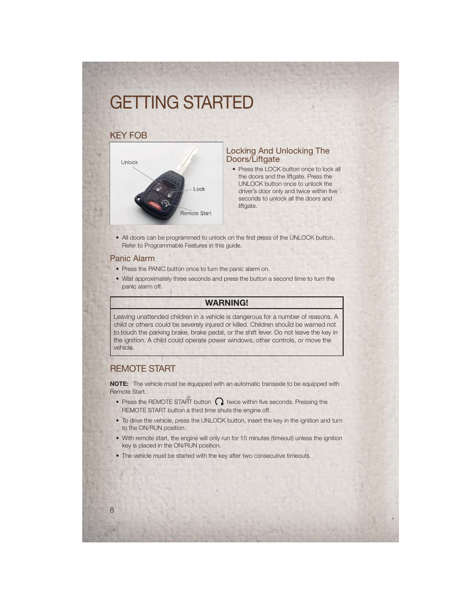 Getting started, Key fob, Locking and unlocking the doors/liftgate | Panic alarm, Remote start | Jeep 2011 Compass - User Guide User Manual | Page 10 / 80