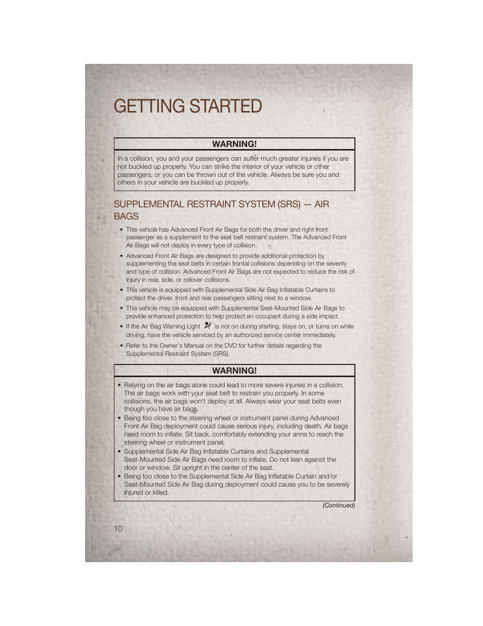 Supplemental restraint system (srs) — air bags, Getting started | Jeep 2011 Compass - User Guide User Manual | Page 12 / 80