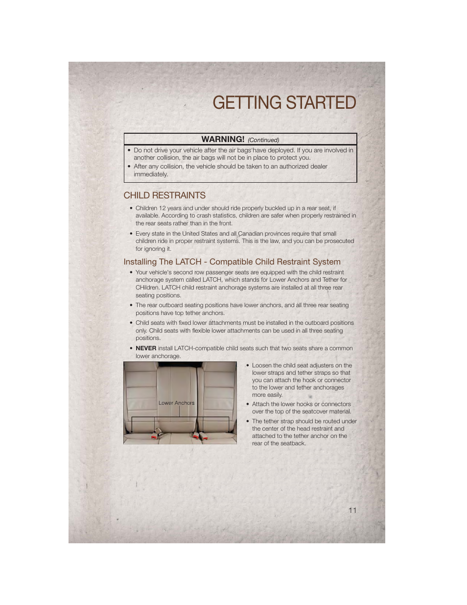 Child restraints, Getting started | Jeep 2011 Compass - User Guide User Manual | Page 13 / 80