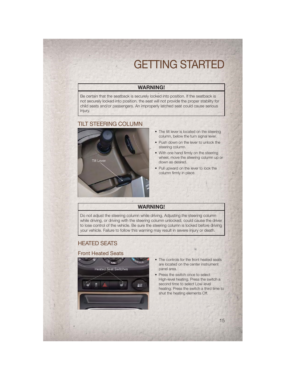 Tilt steering column, Heated seats, Front heated seats | Getting started | Jeep 2011 Compass - User Guide User Manual | Page 17 / 80