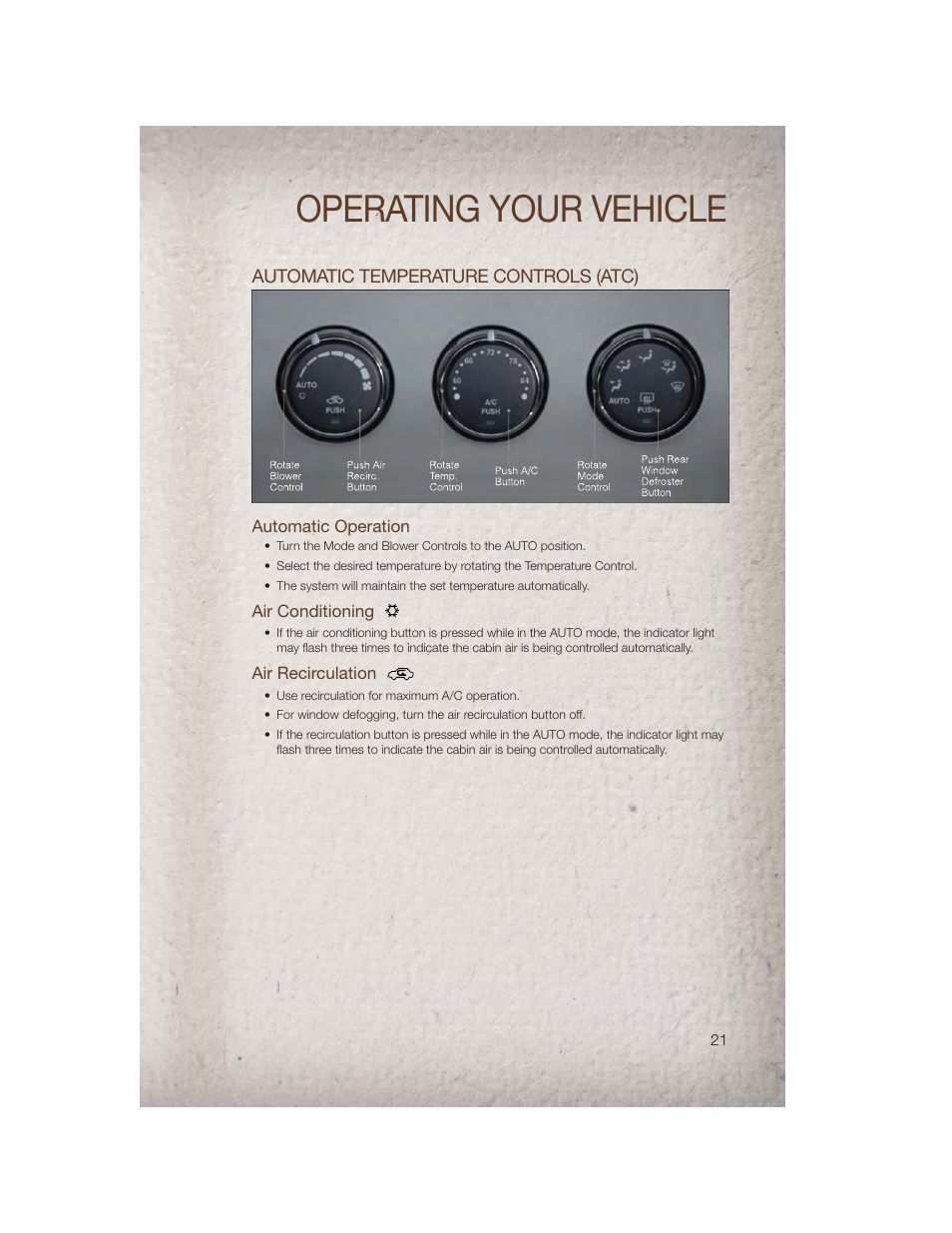 Automatic temperature controls (atc), Automatic operation, Air conditioning | Air recirculation, Operating your vehicle | Jeep 2011 Compass - User Guide User Manual | Page 23 / 80