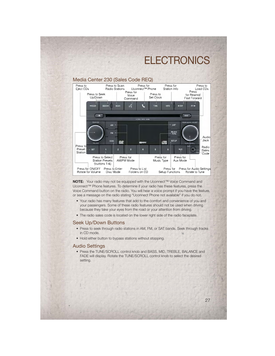 Media center 230 (sales code req), Seek up/down buttons, Audio settings | Electronics | Jeep 2011 Compass - User Guide User Manual | Page 29 / 80