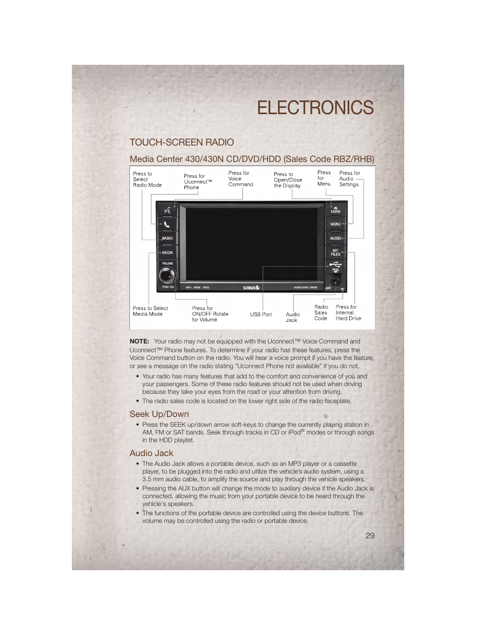 Touch-screen radio, Seek up/down, Audio jack | Electronics | Jeep 2011 Compass - User Guide User Manual | Page 31 / 80