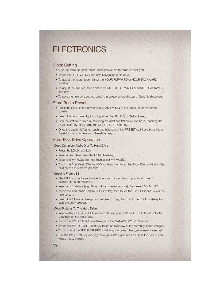 Clock setting, Store radio presets, Hard-disk drive operation | Electronics | Jeep 2011 Compass - User Guide User Manual | Page 32 / 80