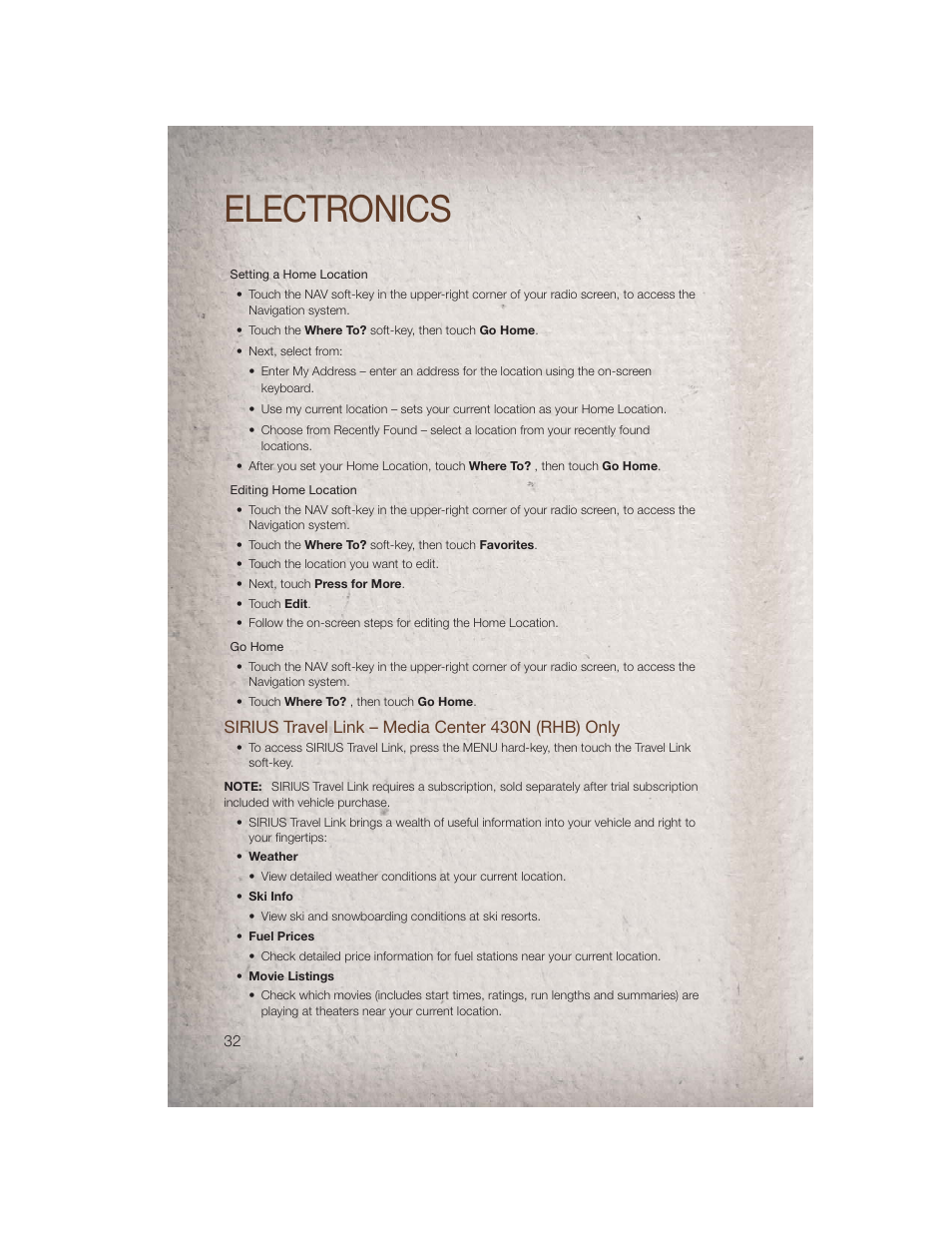 Sirius travel link – media center 430n (rhb) only, Electronics | Jeep 2011 Compass - User Guide User Manual | Page 34 / 80