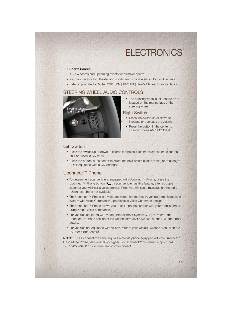 Steering wheel audio controls, Right switch, Left switch | Uconnect™ phone, Electronics | Jeep 2011 Compass - User Guide User Manual | Page 35 / 80