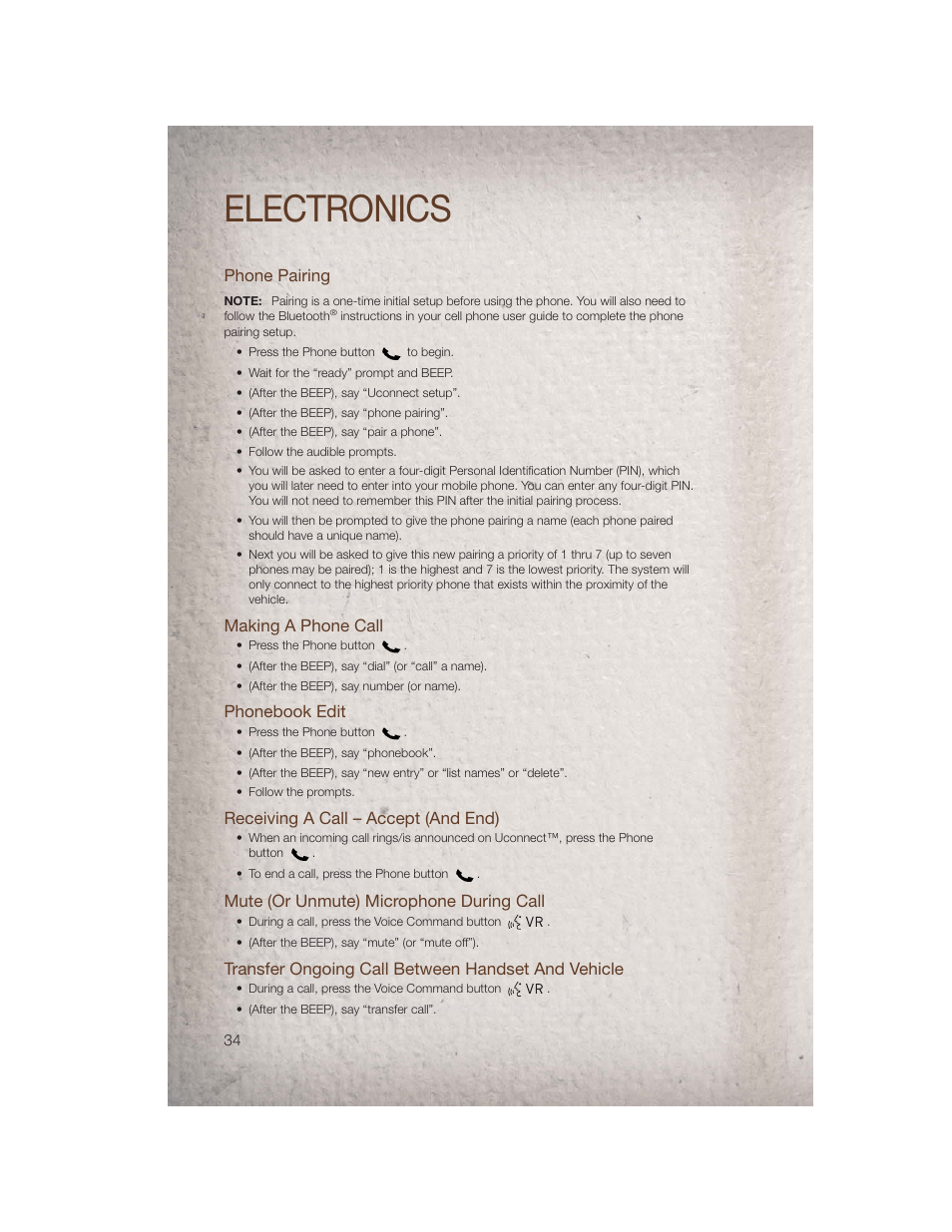 Phone pairing, Making a phone call, Phonebook edit | Receiving a call – accept (and end), Mute (or unmute) microphone during call, Transfer ongoing call between handset and vehicle, Electronics | Jeep 2011 Compass - User Guide User Manual | Page 36 / 80