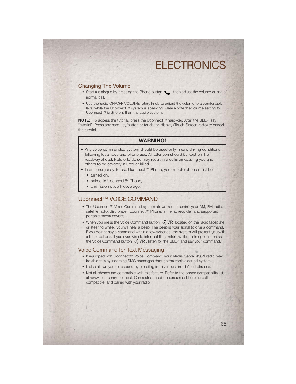 Changing the volume, Uconnect™ voice command, Voice command for text messaging | Electronics | Jeep 2011 Compass - User Guide User Manual | Page 37 / 80