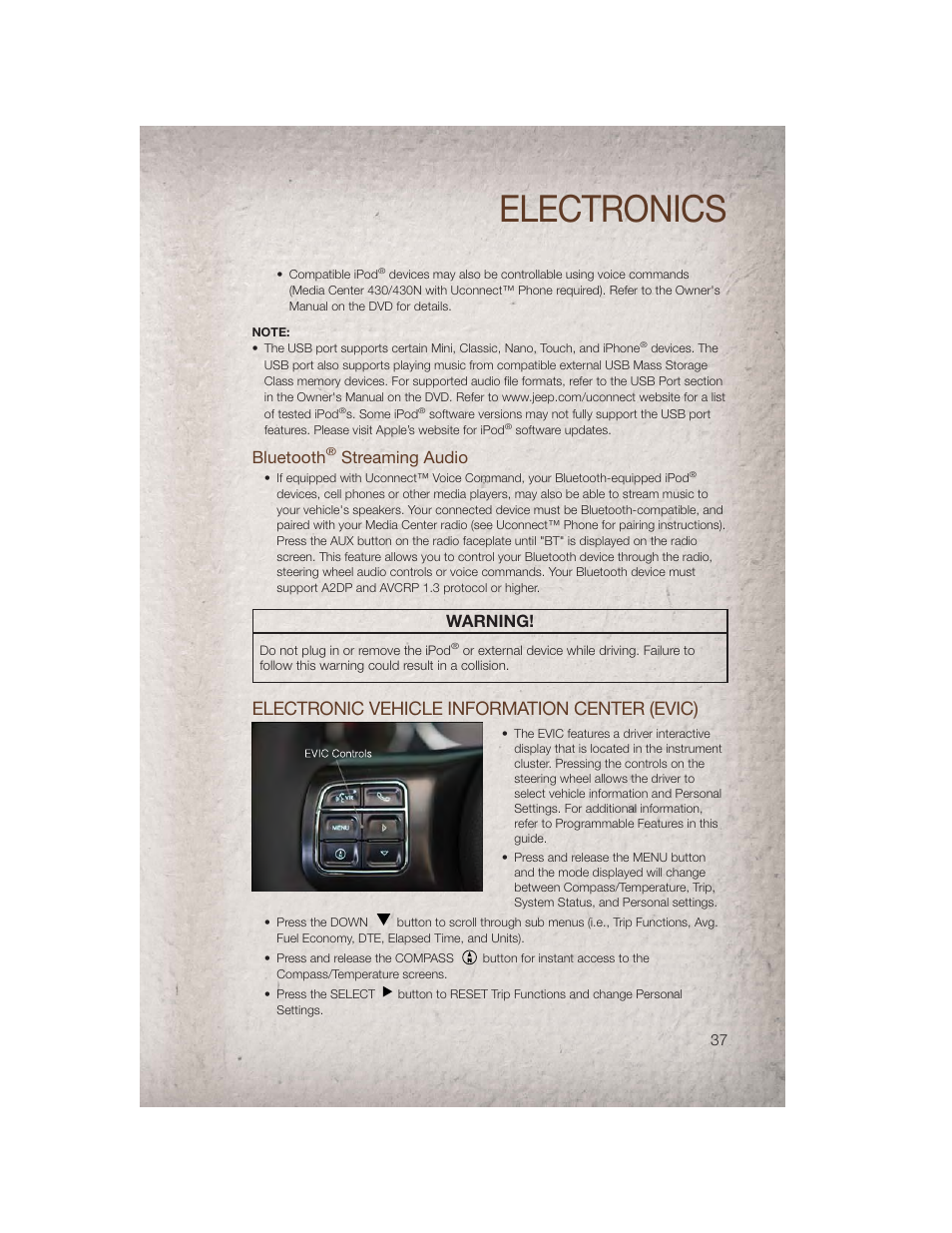 Bluetooth® streaming audio, Electronic vehicle information center (evic), Electronics | Bluetooth, Streaming audio, Warning | Jeep 2011 Compass - User Guide User Manual | Page 39 / 80