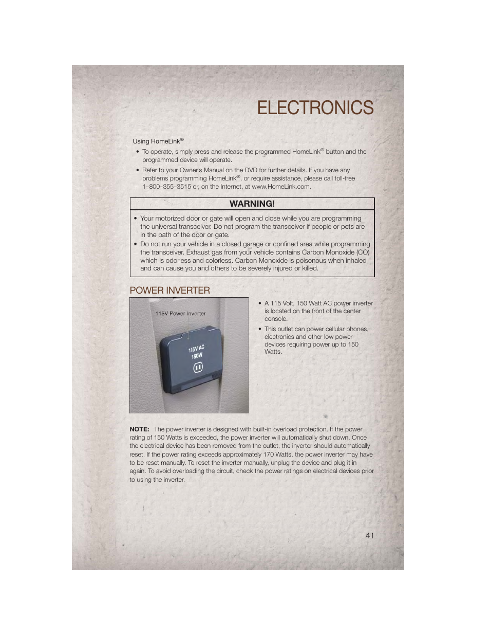 Power inverter, Electronics, Warning | Jeep 2011 Compass - User Guide User Manual | Page 43 / 80