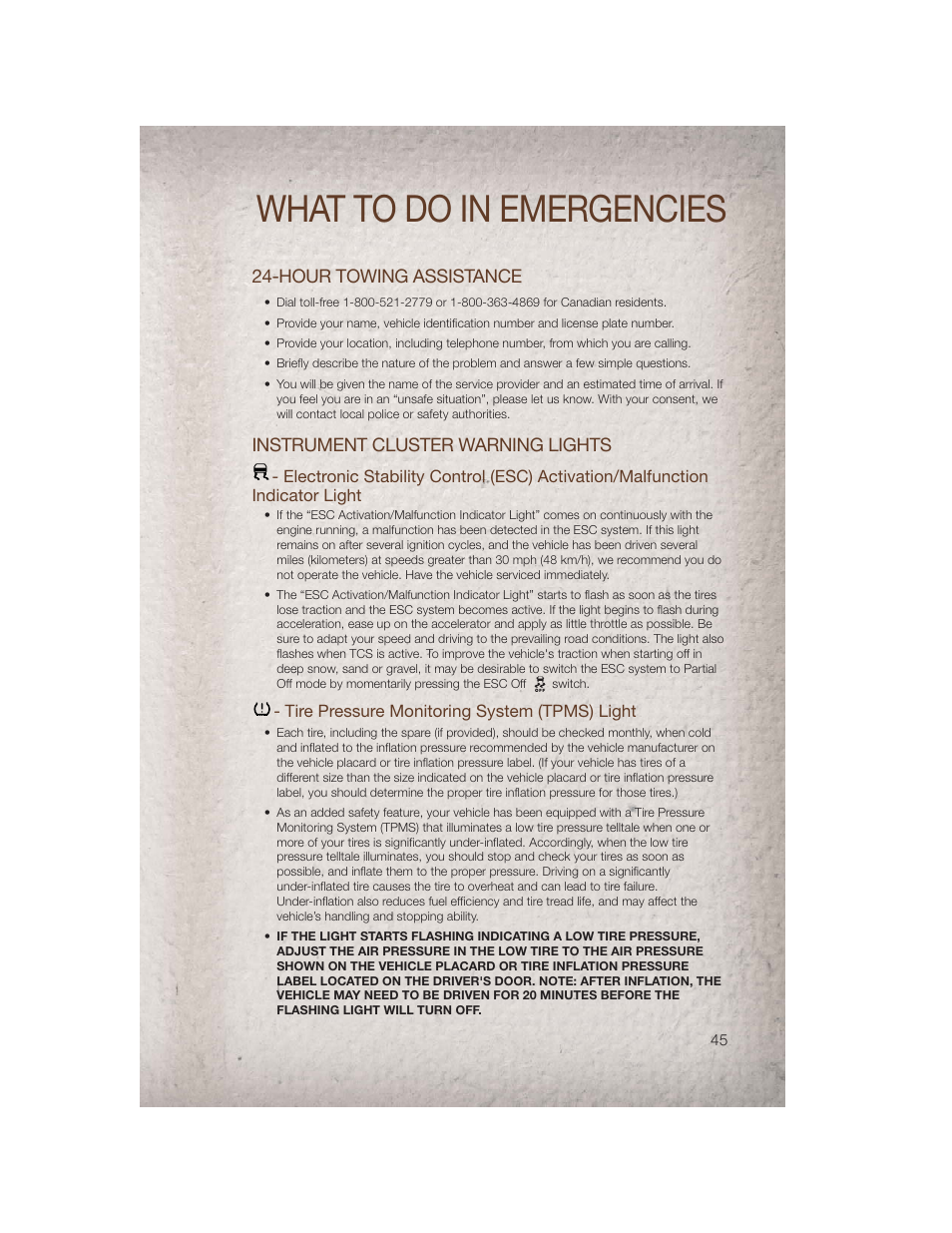 What to do in emergencies, Hour towing assistance, Instrument cluster warning lights | Tire pressure monitoring system (tpms) light | Jeep 2011 Compass - User Guide User Manual | Page 47 / 80