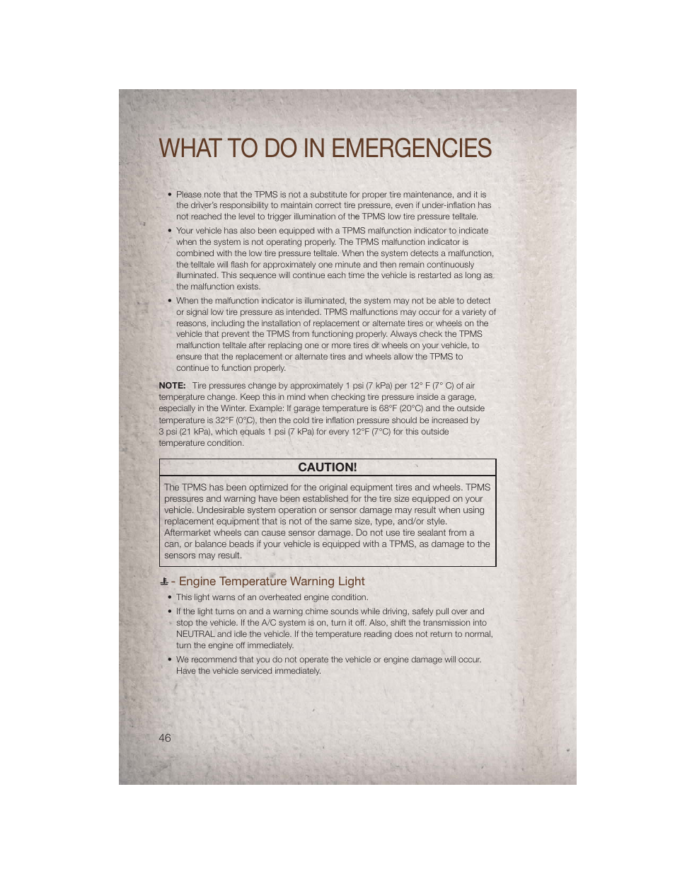 Engine temperature warning light, What to do in emergencies | Jeep 2011 Compass - User Guide User Manual | Page 48 / 80