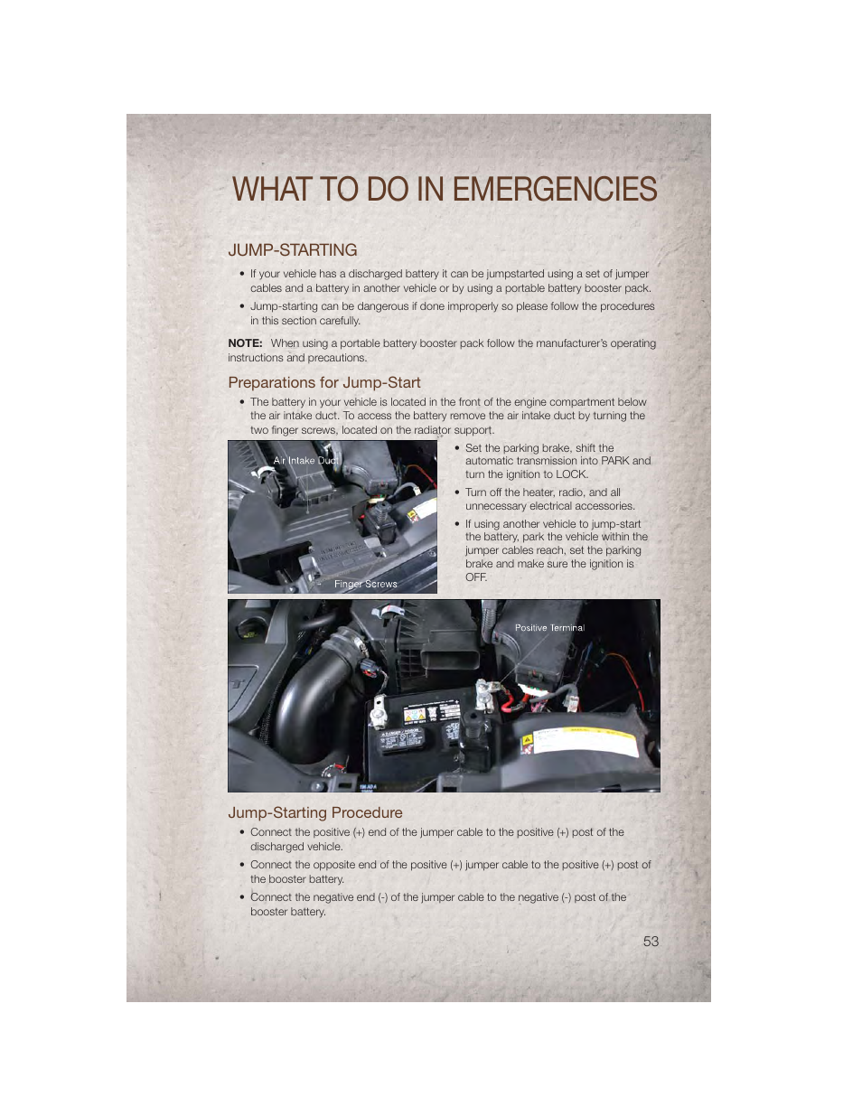 Jump-starting, Preparations for jump-start, Jump-starting procedure | What to do in emergencies | Jeep 2011 Compass - User Guide User Manual | Page 55 / 80