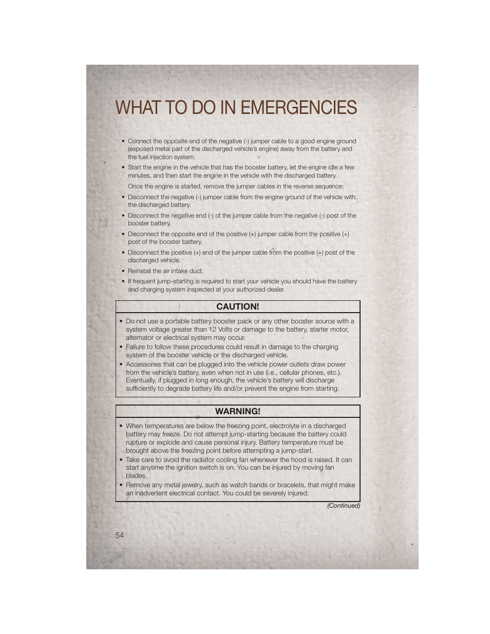 What to do in emergencies, Caution, Warning | Jeep 2011 Compass - User Guide User Manual | Page 56 / 80