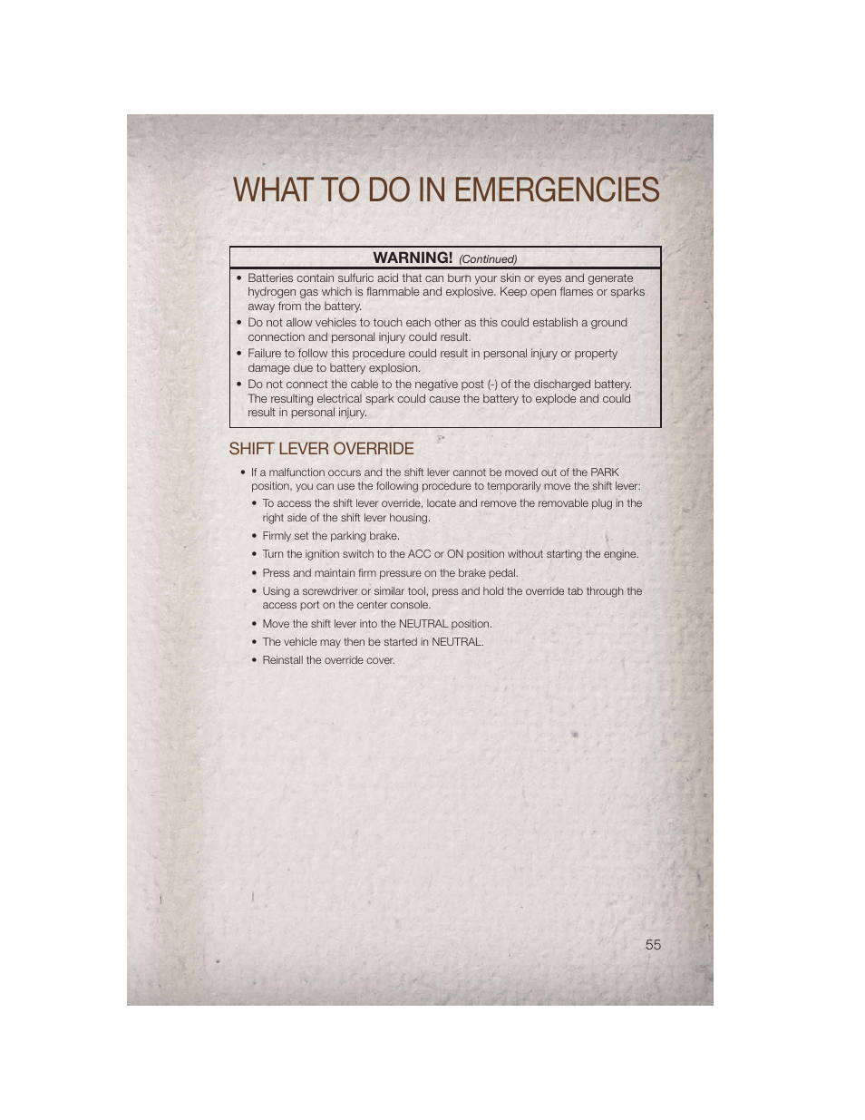 Shift lever override, Towing a disabled vehicle, What to do in emergencies | Jeep 2011 Compass - User Guide User Manual | Page 57 / 80