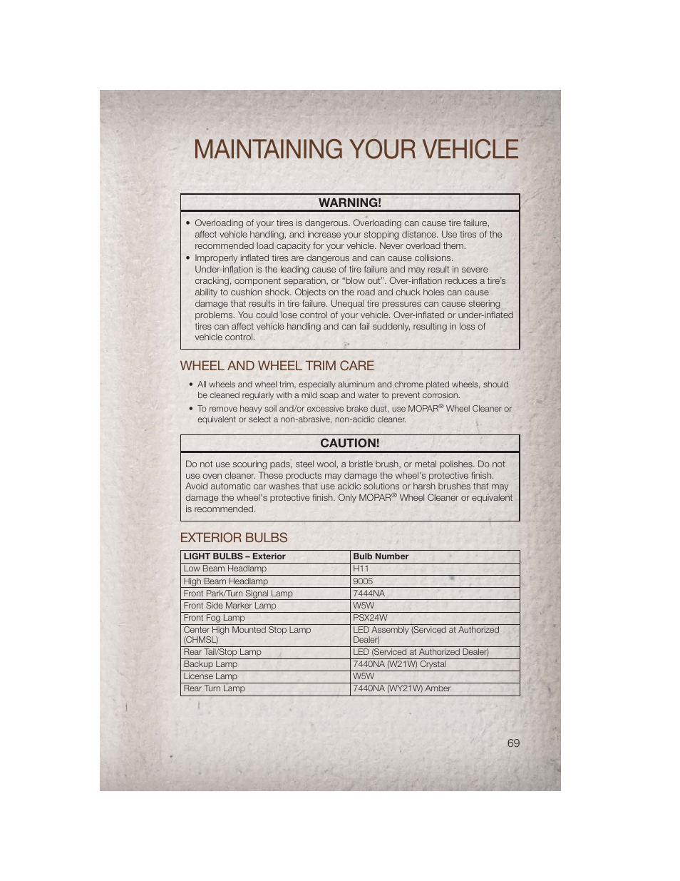 Wheel and wheel trim care, Exterior bulbs, Maintaining your vehicle | Warning, Caution | Jeep 2011 Compass - User Guide User Manual | Page 71 / 80