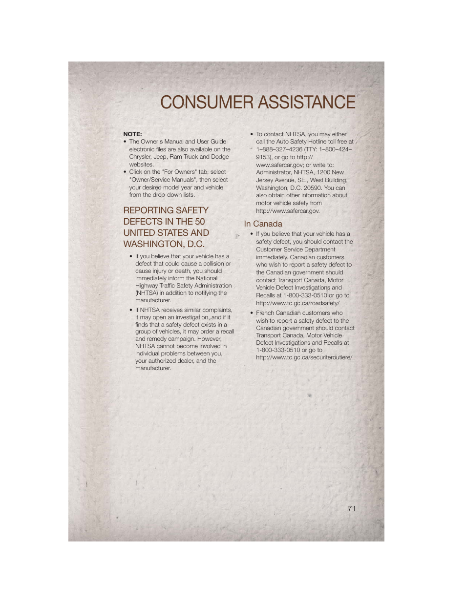 In canada, Consumer assistance | Jeep 2011 Compass - User Guide User Manual | Page 73 / 80